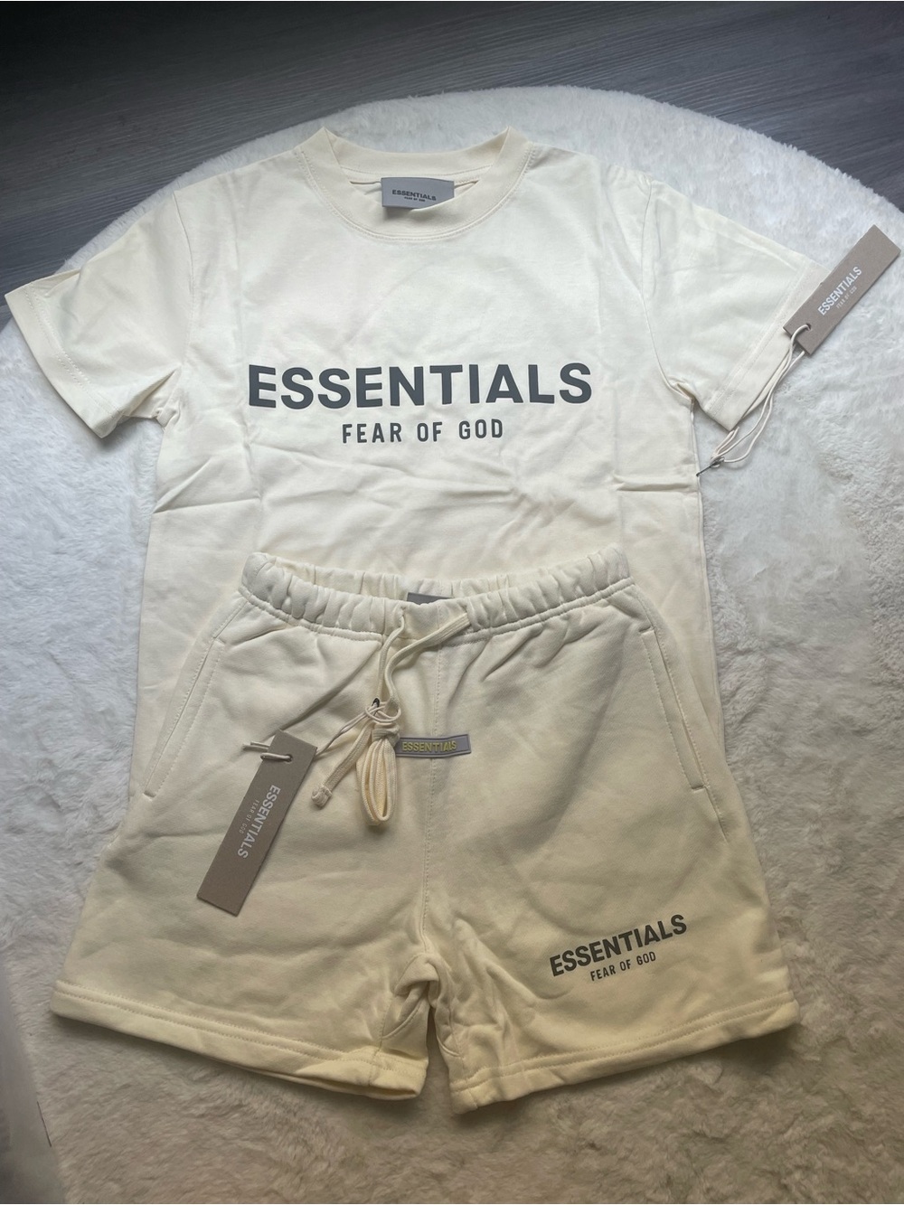 ESSENTIALS Fear Of God Cream Logo Tee & Shorts Set for kids